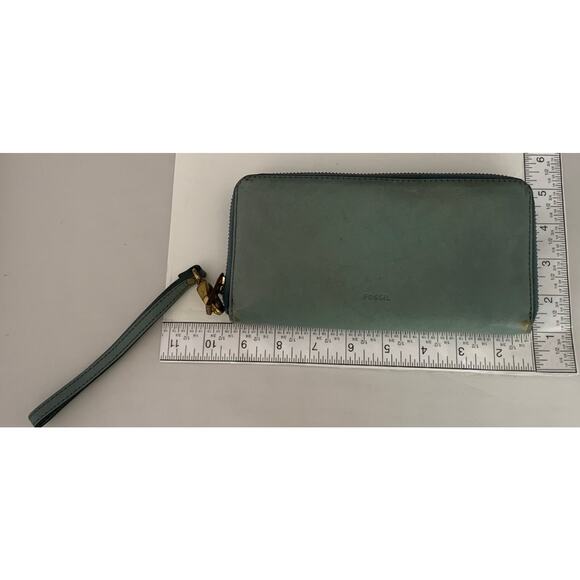 Fossil Emma Large Zip Clutch Steel Blue Wristlet Leather Wallet RFID New READ - Picture 11 of 14